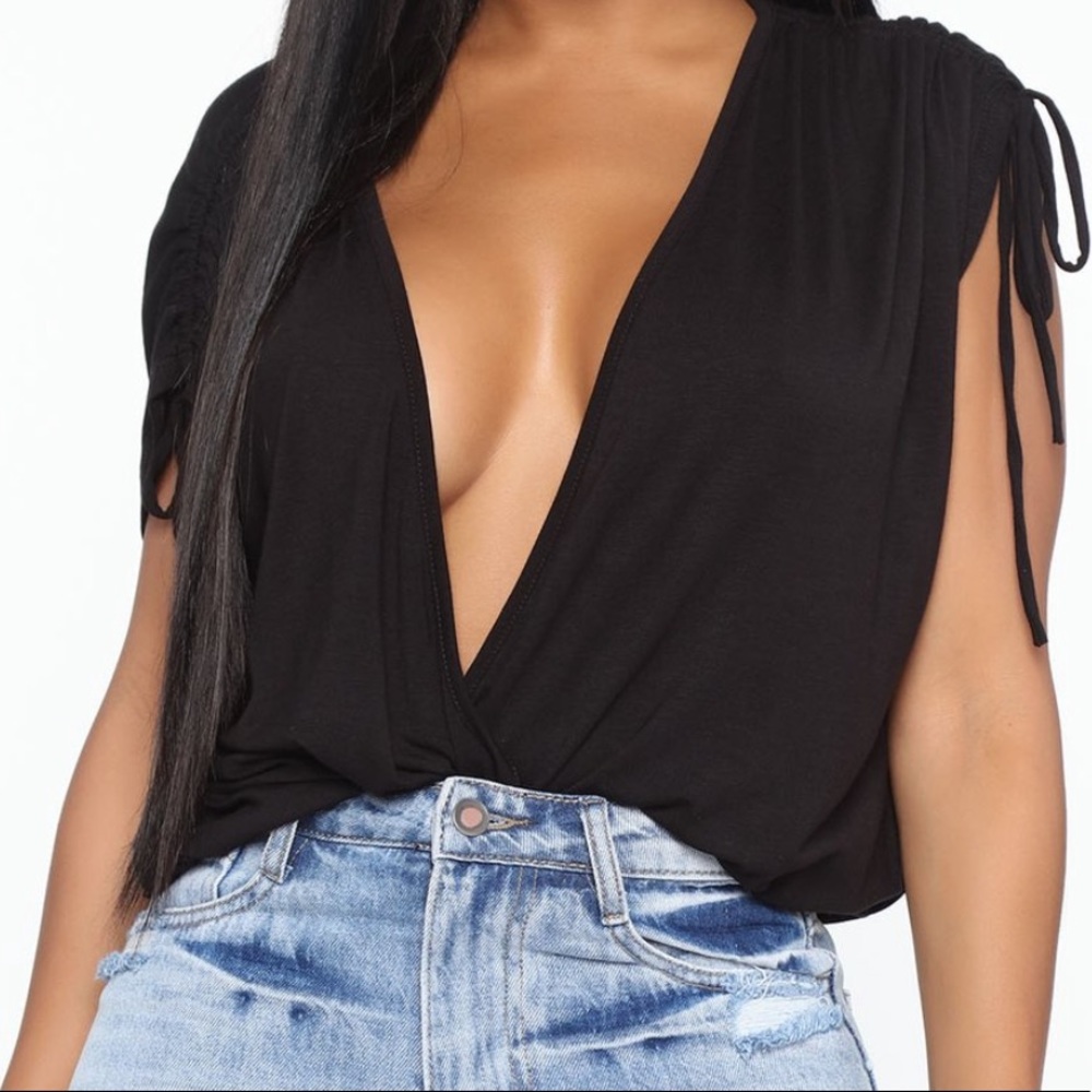 Black plunging neck top